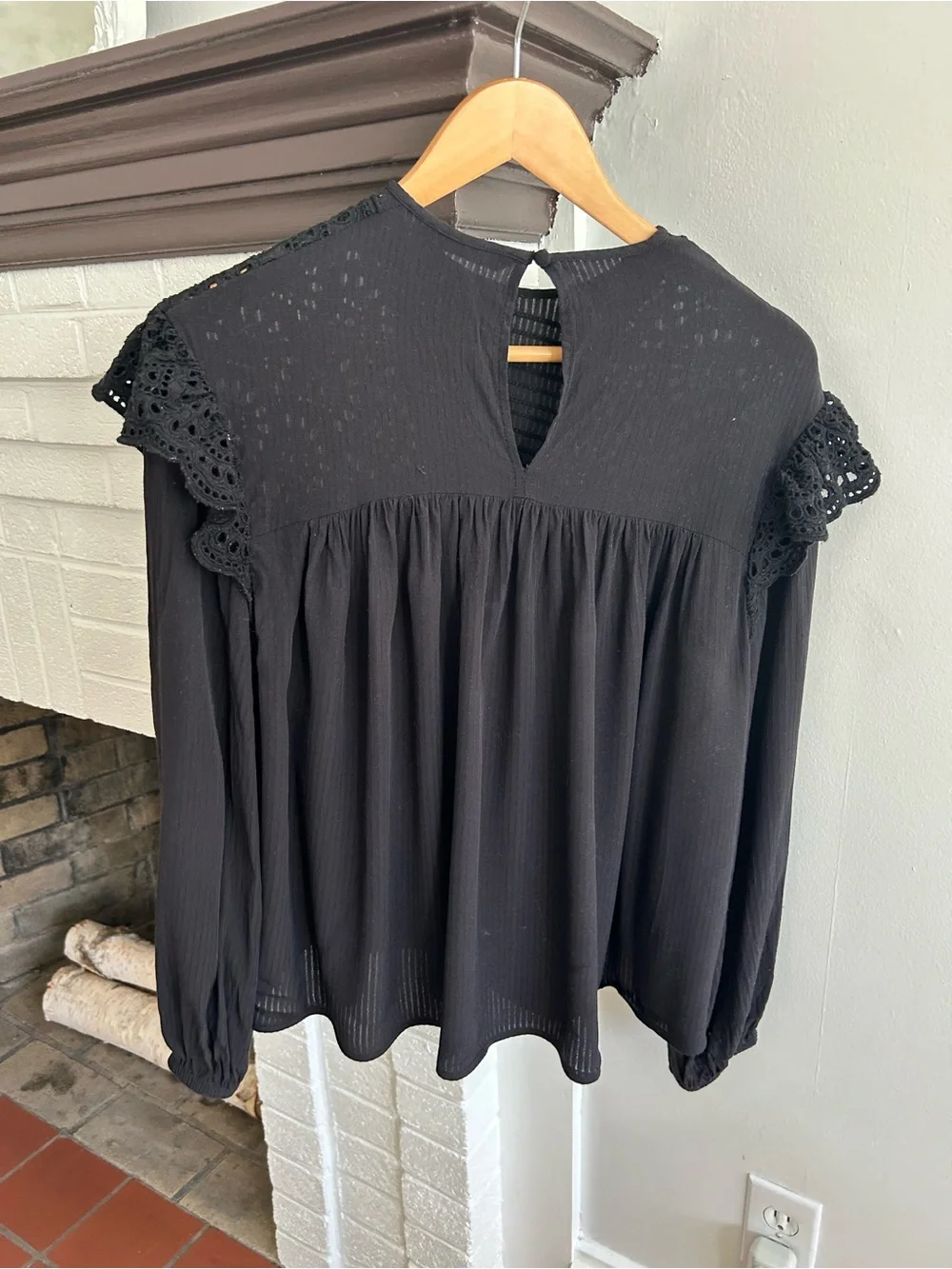 Zara Black Crochet Yoke Long Sleeve Blouse